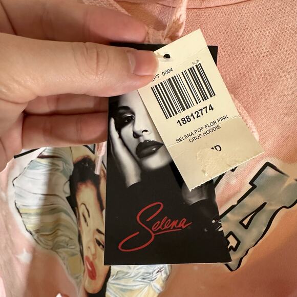 Selena Official NWT Women's Medium Como La Flor Pastel Pink Crop Graphic Hoodie - Picture 8 of 10